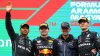 BUDAPEST, HUNGARY - JULY 31: Race winner Max Verstappen of the Netherlands and Oracle Red Bull Racing (second from left), Second placed Lewis Hamilton of Great Britain and Mercedes (L), Third placed George Russell of Great Britain and Mercedes (R) and Adrian Newey, the Chief Technical Officer of Red Bull Racing (second from right) celebrate on the podium during the F1 Grand Prix of Hungary at Hungaroring on July 31, 2022 in Budapest, Hungary. (Photo by Francois Nel/Getty Images) // Getty Images / Red Bull Content Pool // SI202207310487 // Usage for editorial use only //